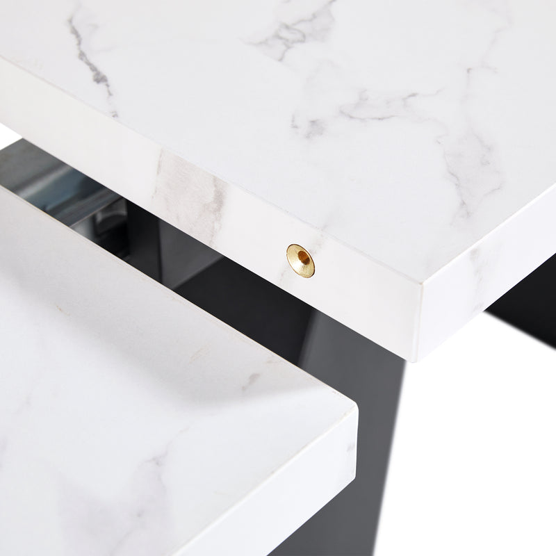 Table de Salle à Manger Extensible Blanche Effet Marbre avec Piètement Croisé et Rail Métallique (118-157cm)  GHAKOX WHITE