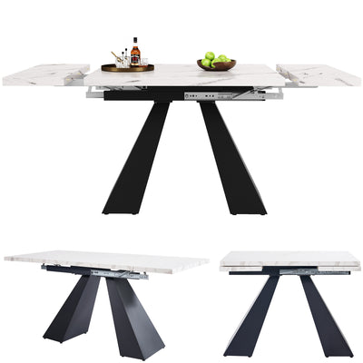Table de Salle à Manger Extensible Blanche Effet Marbre avec Piètement Croisé et Rail Métallique (118-157cm)  GHAKOX WHITE