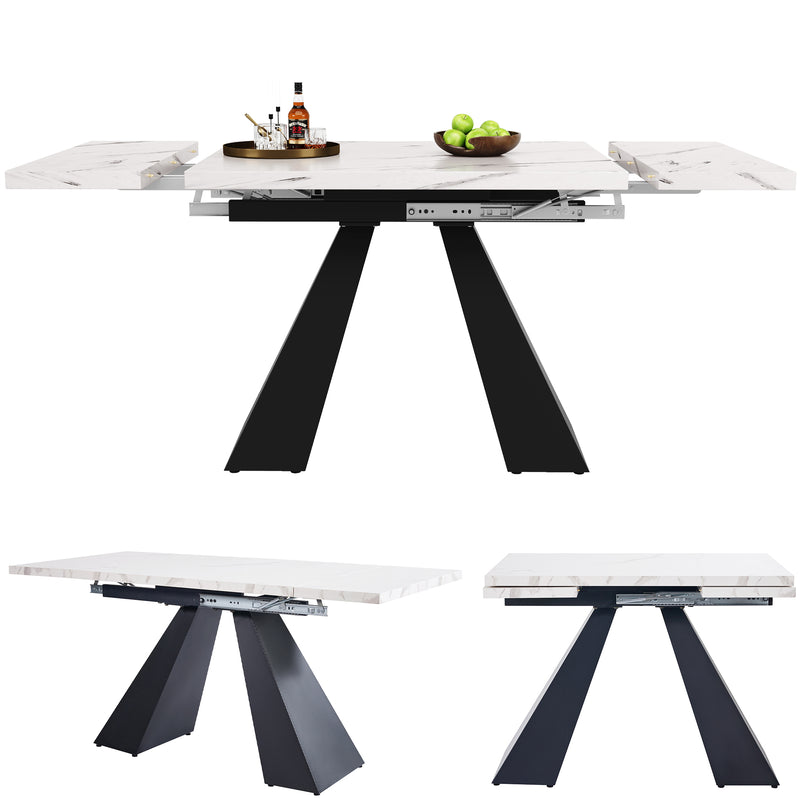 Table de Salle à Manger Extensible Blanche Effet Marbre avec Piètement Croisé et Rail Métallique (118-157cm)  GHAKOX WHITE