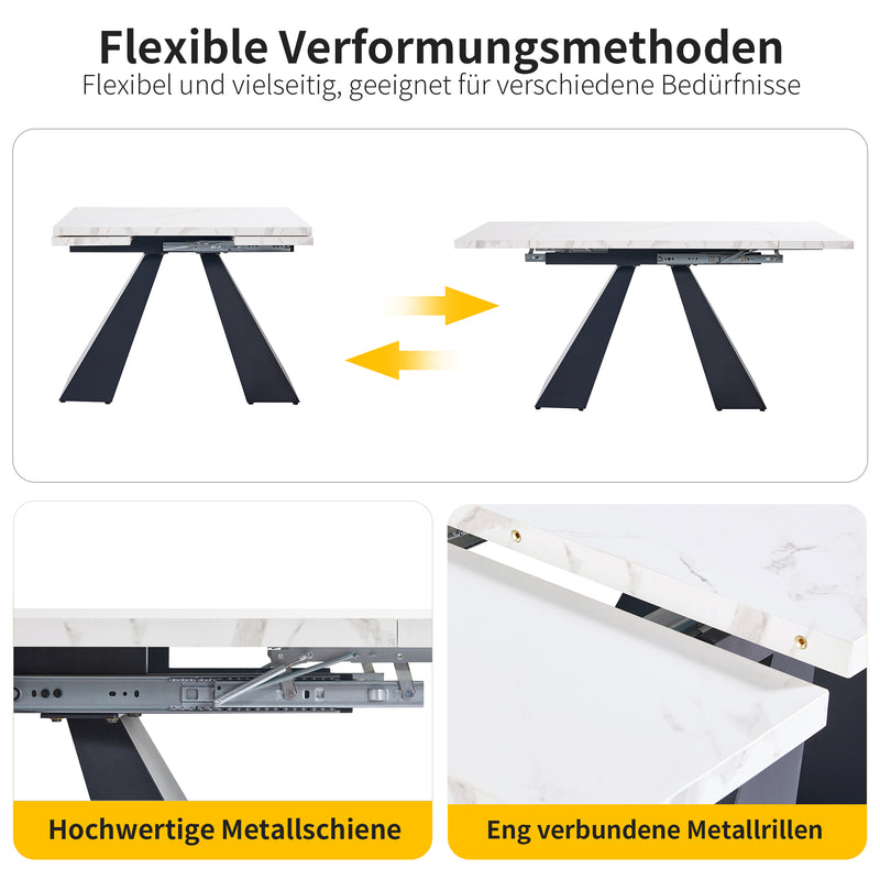 Table de Salle à Manger Extensible Blanche Effet Marbre avec Piètement Croisé et Rail Métallique (118-157cm)  GHAKOX WHITE