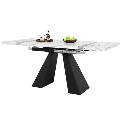Table de Salle à Manger Extensible Blanche Effet Marbre avec Piètement Croisé et Rail Métallique (118-157cm)  GHAKOX WHITE