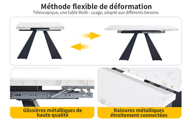 Table de Salle à Manger Extensible Blanche Effet Marbre avec Piètement Croisé et Rail Métallique (118-157cm)  GHAKOX WHITE