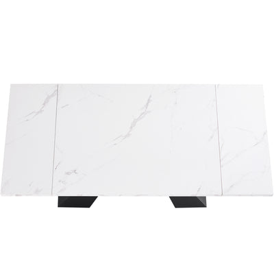 Table de Salle à Manger Extensible Blanche Effet Marbre avec Piètement Croisé et Rail Métallique (118-157cm)  GHAKOX WHITE