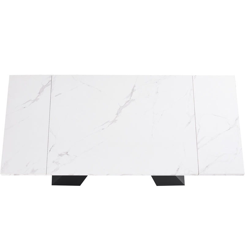 Table de Salle à Manger Extensible Blanche Effet Marbre avec Piètement Croisé et Rail Métallique (118-157cm)  GHAKOX WHITE