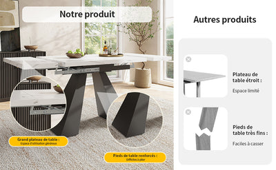 Table de Salle à Manger Extensible Blanche Effet Marbre avec Piètement Croisé et Rail Métallique (118-157cm)  GHAKOX WHITE