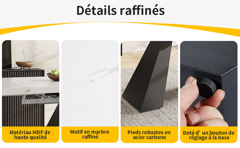 Table de Salle à Manger Extensible Blanche Effet Marbre avec Piètement Croisé et Rail Métallique (118-157cm)  GHAKOX WHITE