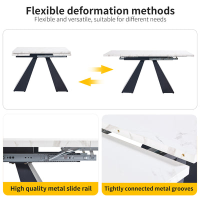 Table de Salle à Manger Extensible Blanche Effet Marbre avec Piètement Croisé et Rail Métallique (118-157cm)  GHAKOX WHITE