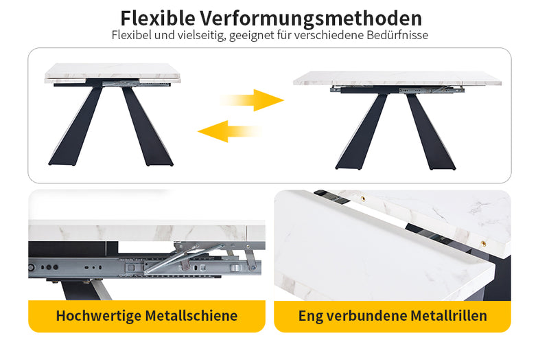 Table de Salle à Manger Extensible Blanche Effet Marbre avec Piètement Croisé et Rail Métallique (118-157cm)  GHAKOX WHITE
