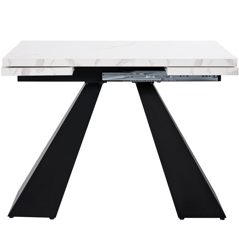 Table de Salle à Manger Extensible Blanche Effet Marbre avec Piètement Croisé et Rail Métallique (118-157cm)  GHAKOX WHITE