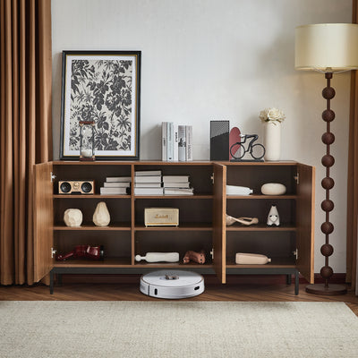 Buffet / Armoire de Rangement Mid-Century Moderne Effet Chêne Foncé avec Design Ondulé 3D, 3 Portes et Étagères Réglables (150x40x80cm) GHOSTS