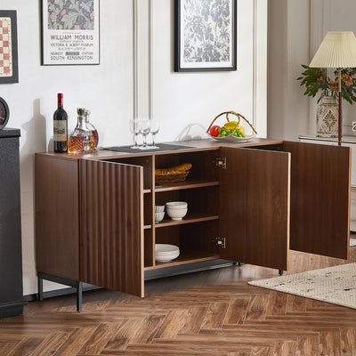 Buffet / Armoire de Rangement Mid-Century Moderne Effet Chêne Foncé avec Design Ondulé 3D, 3 Portes et Étagères Réglables (150x40x80cm) GHOSTS