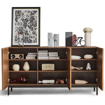 Buffet / Armoire de Rangement Mid-Century Moderne Effet Chêne Foncé avec Design Ondulé 3D, 3 Portes et Étagères Réglables (150x40x80cm) GHOSTS