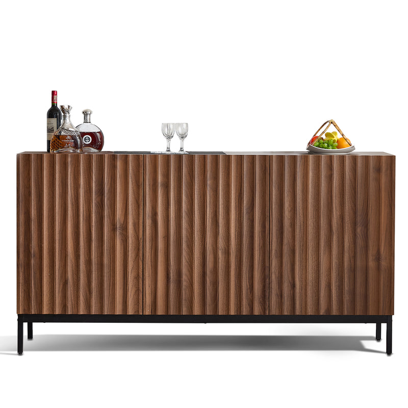 Buffet / Armoire de Rangement Mid-Century Moderne Effet Chêne Foncé avec Design Ondulé 3D, 3 Portes et Étagères Réglables (150x40x80cm) GHOSTS