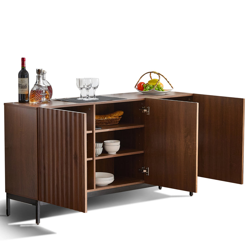 Buffet / Armoire de Rangement Mid-Century Moderne Effet Chêne Foncé avec Design Ondulé 3D, 3 Portes et Étagères Réglables (150x40x80cm) GHOSTS