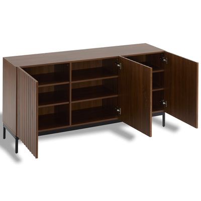 Buffet / Armoire de Rangement Mid-Century Moderne Effet Chêne Foncé avec Design Ondulé 3D, 3 Portes et Étagères Réglables (150x40x80cm) GHOSTS