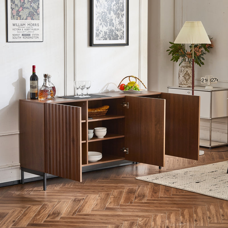 Buffet / Armoire de Rangement Mid-Century Moderne Effet Chêne Foncé avec Design Ondulé 3D, 3 Portes et Étagères Réglables (150x40x80cm) GHOSTS