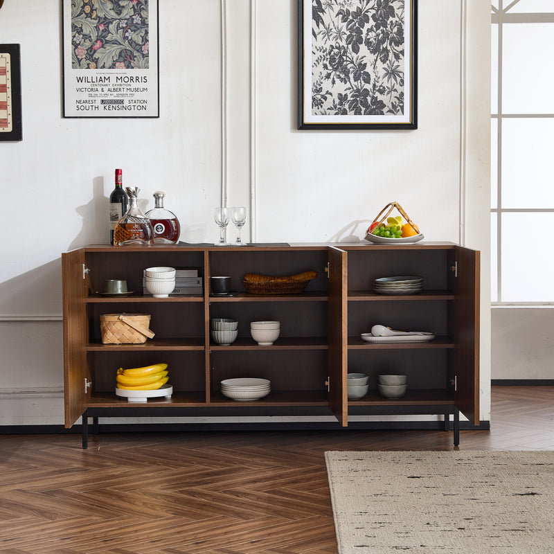 Buffet / Armoire de Rangement Mid-Century Moderne Effet Chêne Foncé avec Design Ondulé 3D, 3 Portes et Étagères Réglables (150x40x80cm) GHOSTS