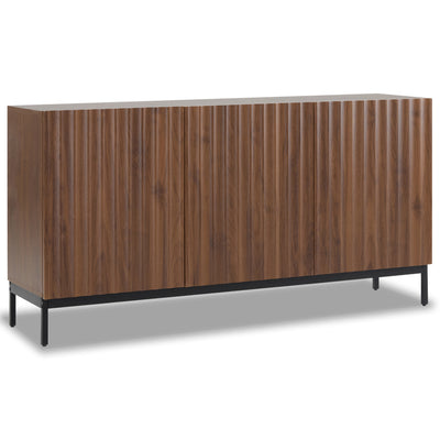 Buffet / Armoire de Rangement Mid-Century Moderne Effet Chêne Foncé avec Design Ondulé 3D, 3 Portes et Étagères Réglables (150x40x80cm) GHOSTS