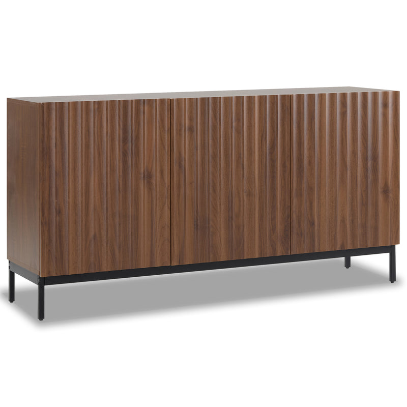 Buffet / Armoire de Rangement Mid-Century Moderne Effet Chêne Foncé avec Design Ondulé 3D, 3 Portes et Étagères Réglables (150x40x80cm) GHOSTS
