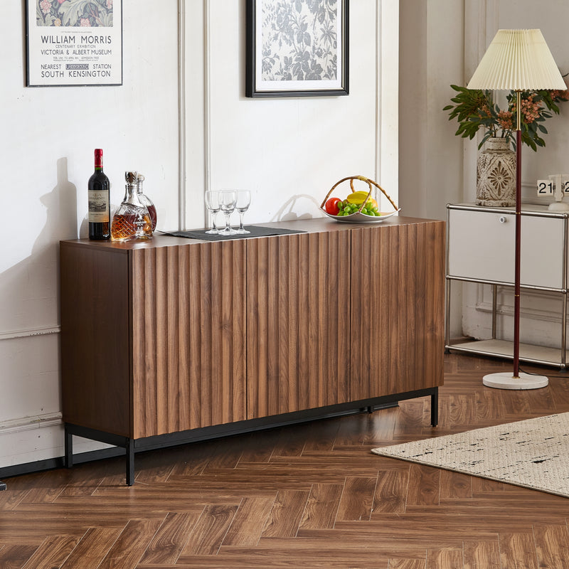 Buffet / Armoire de Rangement Mid-Century Moderne Effet Chêne Foncé avec Design Ondulé 3D, 3 Portes et Étagères Réglables (150x40x80cm) GHOSTS