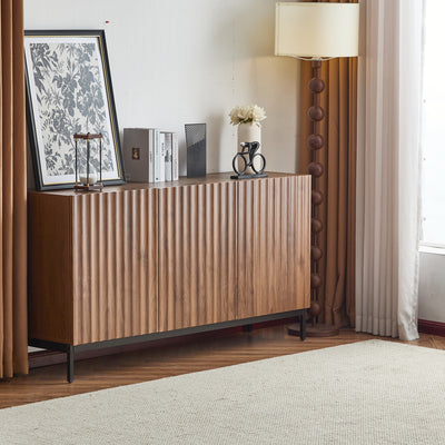 Buffet / Armoire de Rangement Mid-Century Moderne Effet Chêne Foncé avec Design Ondulé 3D, 3 Portes et Étagères Réglables (150x40x80cm) GHOSTS