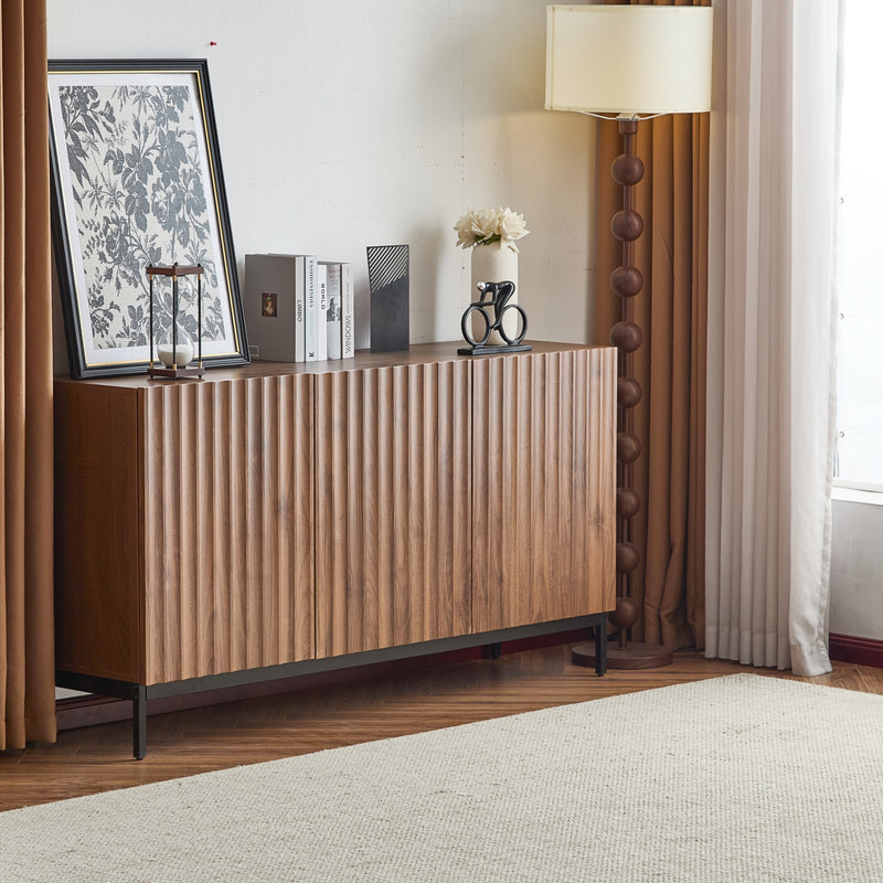 Buffet / Armoire de Rangement Mid-Century Moderne Effet Chêne Foncé avec Design Ondulé 3D, 3 Portes et Étagères Réglables (150x40x80cm) GHOSTS