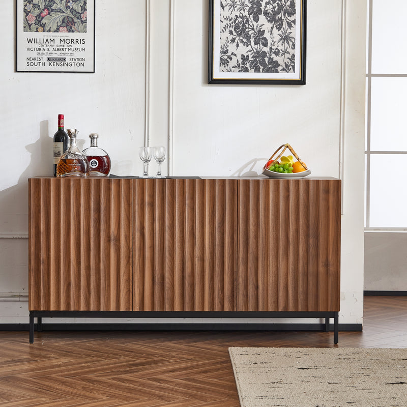 Buffet / Armoire de Rangement Mid-Century Moderne Effet Chêne Foncé avec Design Ondulé 3D, 3 Portes et Étagères Réglables (150x40x80cm) GHOSTS