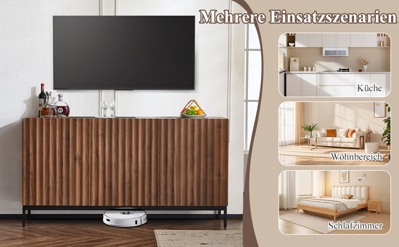 Buffet / Armoire de Rangement Mid-Century Moderne Effet Chêne Foncé avec Design Ondulé 3D, 3 Portes et Étagères Réglables (150x40x80cm) GHOSTS