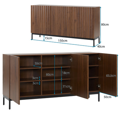 Buffet / Armoire de Rangement Mid-Century Moderne Effet Chêne Foncé avec Design Ondulé 3D, 3 Portes et Étagères Réglables (150x40x80cm) GHOSTS