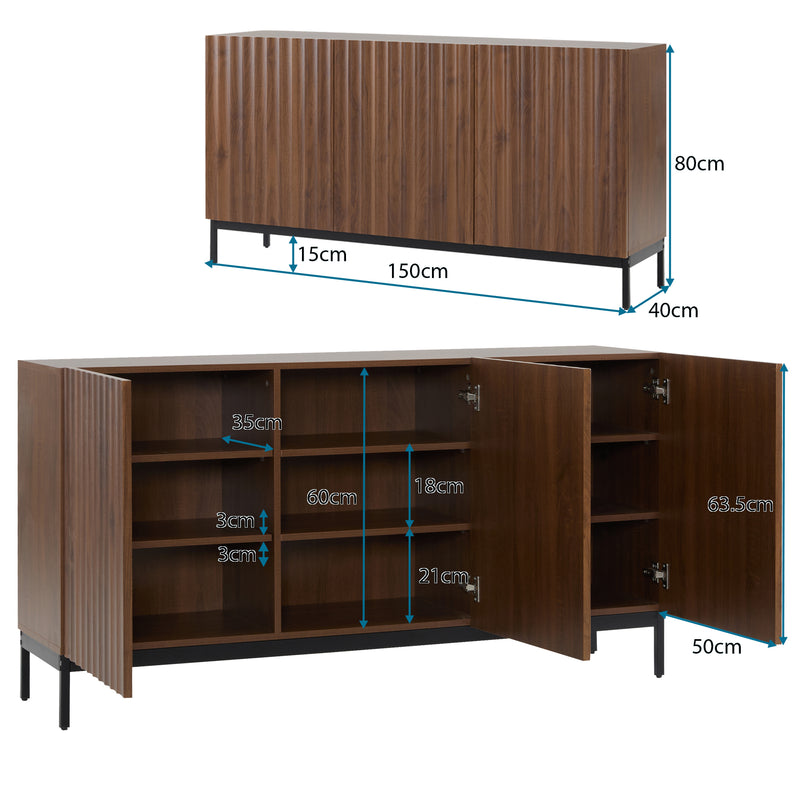 Buffet / Armoire de Rangement Mid-Century Moderne Effet Chêne Foncé avec Design Ondulé 3D, 3 Portes et Étagères Réglables (150x40x80cm) GHOSTS