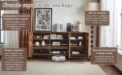 Buffet / Armoire de Rangement Mid-Century Moderne Effet Chêne Foncé avec Design Ondulé 3D, 3 Portes et Étagères Réglables (150x40x80cm) GHOSTS