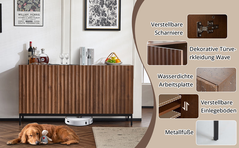 Buffet / Armoire de Rangement Mid-Century Moderne Effet Chêne Foncé avec Design Ondulé 3D, 3 Portes et Étagères Réglables (150x40x80cm) GHOSTS