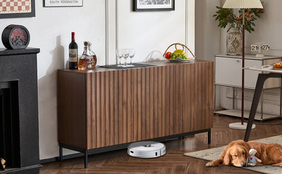 Buffet / Armoire de Rangement Mid-Century Moderne Effet Chêne Foncé avec Design Ondulé 3D, 3 Portes et Étagères Réglables (150x40x80cm) GHOSTS