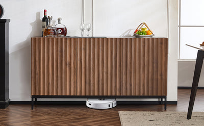 Buffet / Armoire de Rangement Mid-Century Moderne Effet Chêne Foncé avec Design Ondulé 3D, 3 Portes et Étagères Réglables (150x40x80cm) GHOSTS