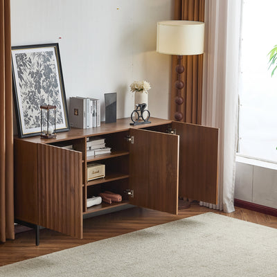 Buffet / Armoire de Rangement Mid-Century Moderne Effet Chêne Foncé avec Design Ondulé 3D, 3 Portes et Étagères Réglables (150x40x80cm) GHOSTS