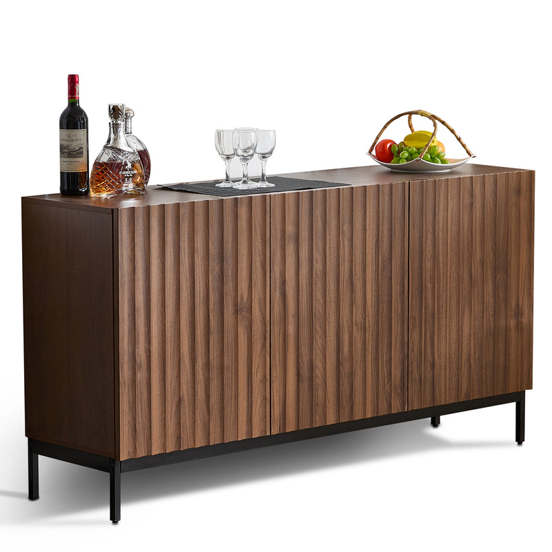 Buffet / Armoire de Rangement Mid-Century Moderne Effet Chêne Foncé avec Design Ondulé 3D, 3 Portes et Étagères Réglables (150x40x80cm) GHOSTS