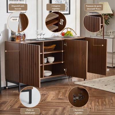 Buffet / Armoire de Rangement Mid-Century Moderne Effet Chêne Foncé avec Design Ondulé 3D, 3 Portes et Étagères Réglables (150x40x80cm) GHOSTS