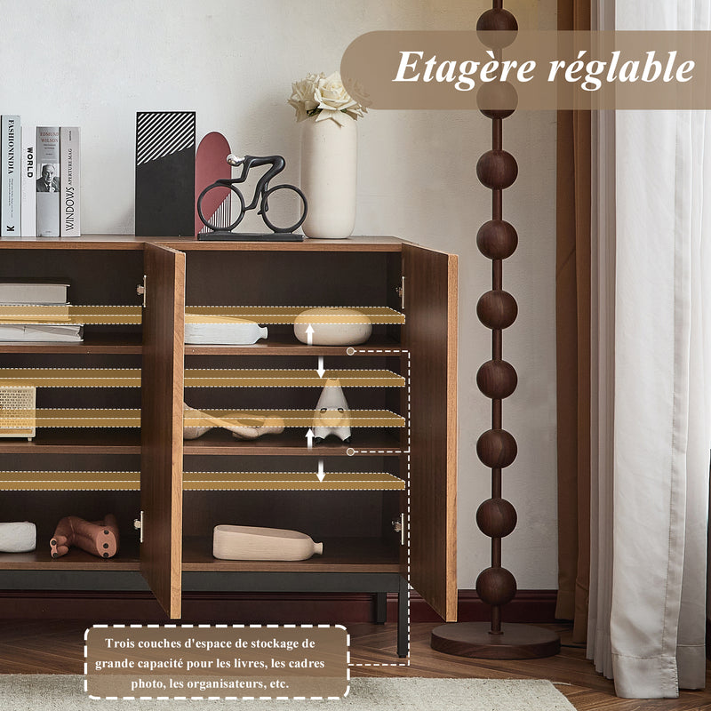 Buffet / Armoire de Rangement Mid-Century Moderne Effet Chêne Foncé avec Design Ondulé 3D, 3 Portes et Étagères Réglables (150x40x80cm) GHOSTS