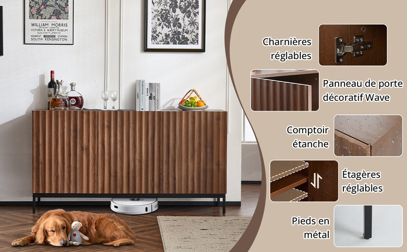Buffet / Armoire de Rangement Mid-Century Moderne Effet Chêne Foncé avec Design Ondulé 3D, 3 Portes et Étagères Réglables (150x40x80cm) GHOSTS