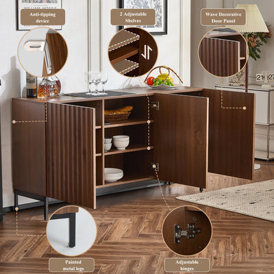 Buffet / Armoire de Rangement Mid-Century Moderne Effet Chêne Foncé avec Design Ondulé 3D, 3 Portes et Étagères Réglables (150x40x80cm) GHOSTS