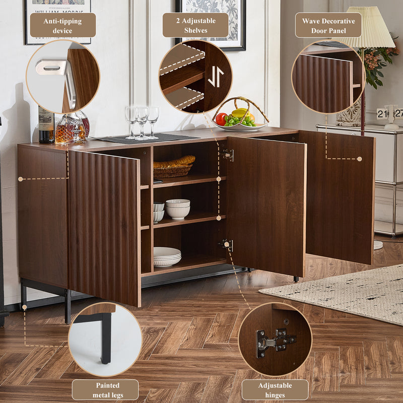Buffet / Armoire de Rangement Mid-Century Moderne Effet Chêne Foncé avec Design Ondulé 3D, 3 Portes et Étagères Réglables (150x40x80cm) GHOSTS