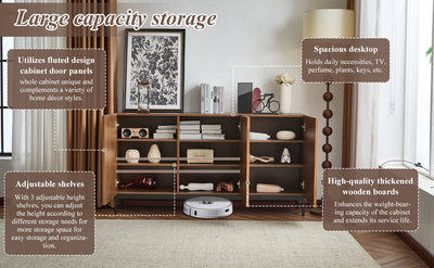 Buffet / Armoire de Rangement Mid-Century Moderne Effet Chêne Foncé avec Design Ondulé 3D, 3 Portes et Étagères Réglables (150x40x80cm) GHOSTS