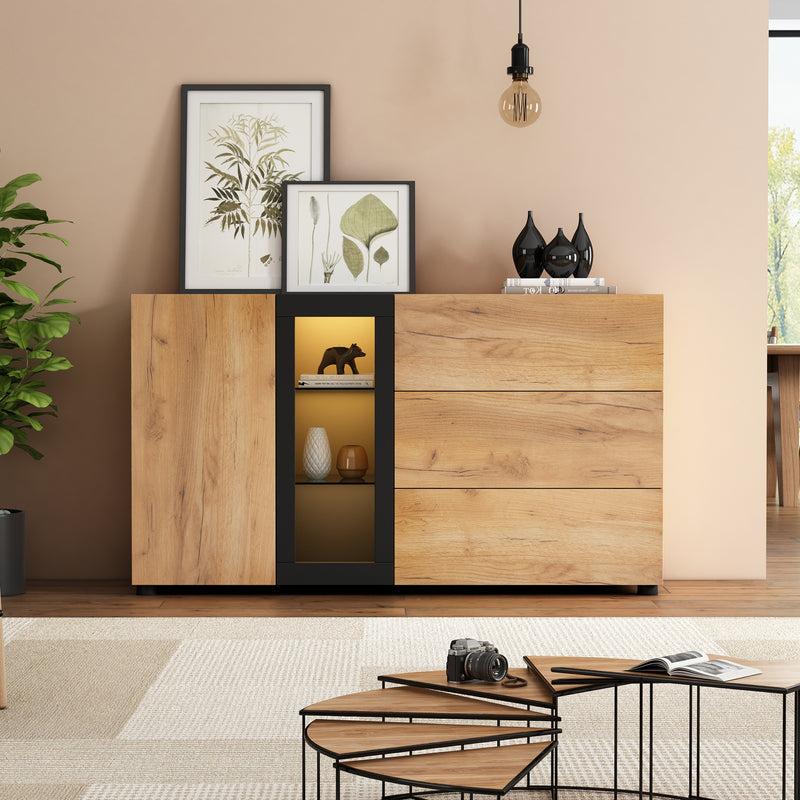 Buffet Contemporain Brun et Noir avec Éclairage LED Smart App, 3 Tiroirs, Porte Vitrée et Rangement Polyvalent GHURGAX