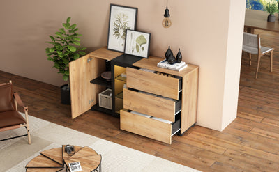 Buffet Contemporain Brun et Noir avec Éclairage LED Smart App, 3 Tiroirs, Porte Vitrée et Rangement Polyvalent GHURGAX