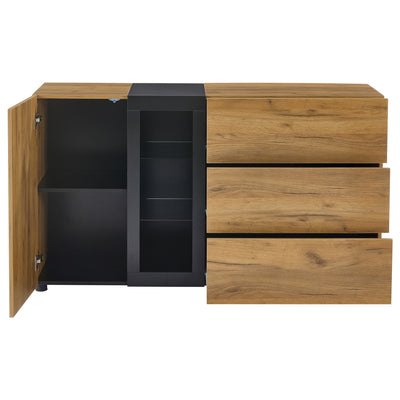 Buffet Contemporain Brun et Noir avec Éclairage LED Smart App, 3 Tiroirs, Porte Vitrée et Rangement Polyvalent GHURGAX