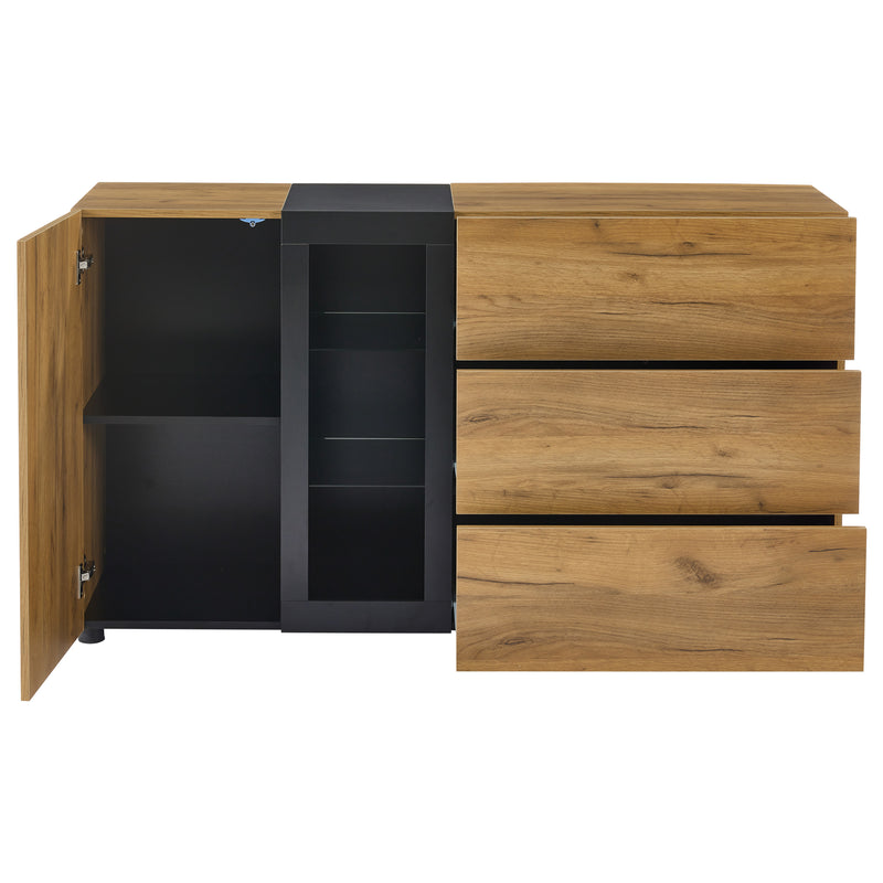 Buffet Contemporain Brun et Noir avec Éclairage LED Smart App, 3 Tiroirs, Porte Vitrée et Rangement Polyvalent GHURGAX