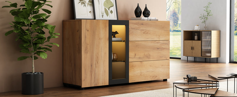 Buffet Contemporain Brun et Noir avec Éclairage LED Smart App, 3 Tiroirs, Porte Vitrée et Rangement Polyvalent GHURGAX