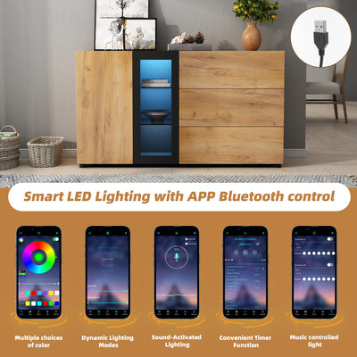 Buffet Contemporain Brun et Noir avec Éclairage LED Smart App, 3 Tiroirs, Porte Vitrée et Rangement Polyvalent GHURGAX