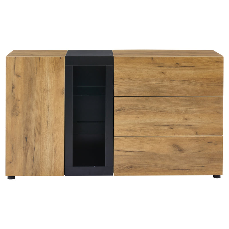 Buffet Contemporain Brun et Noir avec Éclairage LED Smart App, 3 Tiroirs, Porte Vitrée et Rangement Polyvalent GHURGAX