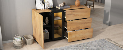 Buffet Contemporain Brun et Noir avec Éclairage LED Smart App, 3 Tiroirs, Porte Vitrée et Rangement Polyvalent GHURGAX